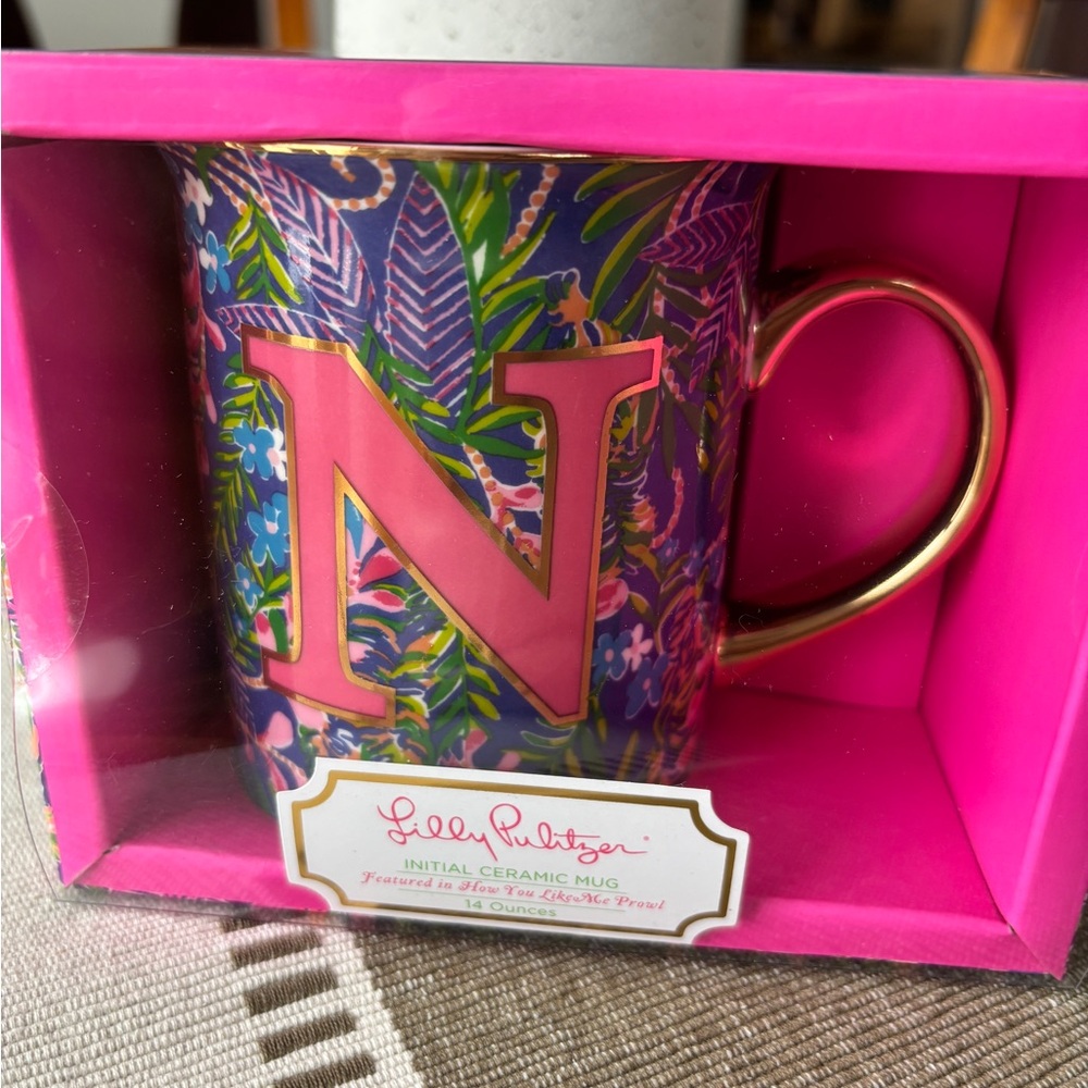 Lilly Pulitzer Initial “N” Ceramic Mug with Gold Handle NIB